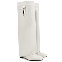 Fold Over Boots for Women Pointy Pull-on Wedge Heel Knee Shark Boot With Side Zipper Padlock Design
