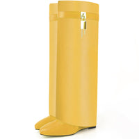 Fold Over Boots for Women Pointy Pull-on Wedge Heel Knee Shark Boot With Side Zipper Padlock Design