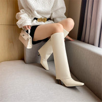 Women's Stiletto Heel Knee High Boots Square Toe Slip On Fold Over Boots For Women Leather Comfortable Dress Tall Boots