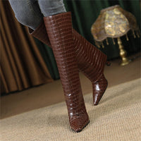 Women's Stiletto Heel Knee High Boots Square Toe Slip On Fold Over Boots For Women Leather Comfortable Dress Tall Boots