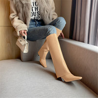 Women's Stiletto Heel Knee High Boots Square Toe Slip On Fold Over Boots For Women Leather Comfortable Dress Tall Boots