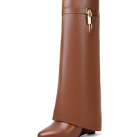 Fold Over Boots for Women Pointy Pull-on Wedge Heel Knee Shark Boot With Side Zipper Padlock Design