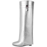 Fold Over Boots for Women Pointy Pull-on Wedge Heel Knee Shark Boot With Side Zipper Padlock Design