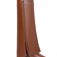 Fold Over Boots for Women Pointy Pull-on Wedge Heel Knee Shark Boot With Side Zipper Padlock Design