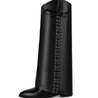 Fold Over Boots for Women Pointy Pull-on Wedge Heel Knee Shark Boot With Side Zipper Padlock Design