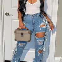 Cookies Ripped Bell Bottom Jean High Wiasted Cutout Tassels Frayed Hem Flare Denim Pants