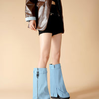 Fold Over Boots for Women Pointy Pull-on Wedge Heel Knee Shark Boot With Side Zipper Padlock Design