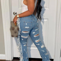 Cookies Ripped Bell Bottom Jean High Wiasted Cutout Tassels Frayed Hem Flare Denim Pants