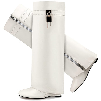 Fold Over Boots for Women Pointy Pull-on Wedge Heel Knee Shark Boot With Side Zipper Padlock Design