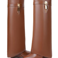 Fold Over Boots for Women Pointy Pull-on Wedge Heel Knee Shark Boot With Side Zipper Padlock Design