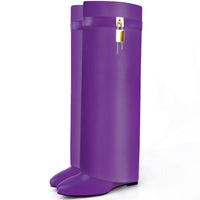 Fold Over Boots for Women Pointy Pull-on Wedge Heel Knee Shark Boot With Side Zipper Padlock Design