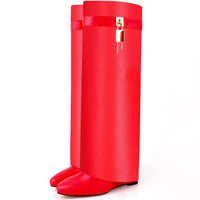 Fold Over Boots for Women Pointy Pull-on Wedge Heel Knee Shark Boot With Side Zipper Padlock Design