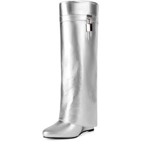 Fold Over Boots for Women Pointy Pull-on Wedge Heel Knee Shark Boot With Side Zipper Padlock Design