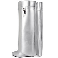 Fold Over Boots for Women Pointy Pull-on Wedge Heel Knee Shark Boot With Side Zipper Padlock Design