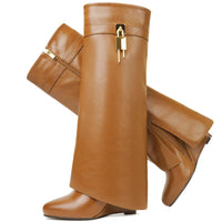 Fold Over Boots for Women Pointy Pull-on Wedge Heel Knee Shark Boot With Side Zipper Padlock Design