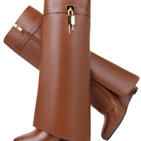 Fold Over Boots for Women Pointy Pull-on Wedge Heel Knee Shark Boot With Side Zipper Padlock Design