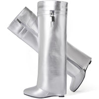 Fold Over Boots for Women Pointy Pull-on Wedge Heel Knee Shark Boot With Side Zipper Padlock Design