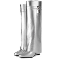 Fold Over Boots for Women Pointy Pull-on Wedge Heel Knee Shark Boot With Side Zipper Padlock Design