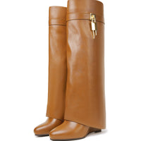 Fold Over Boots for Women Pointy Pull-on Wedge Heel Knee Shark Boot With Side Zipper Padlock Design