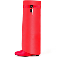 Fold Over Boots for Women Pointy Pull-on Wedge Heel Knee Shark Boot With Side Zipper Padlock Design