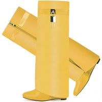 Fold Over Boots for Women Pointy Pull-on Wedge Heel Knee Shark Boot With Side Zipper Padlock Design