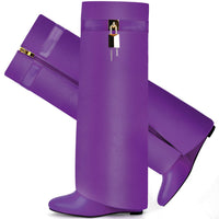 Fold Over Boots for Women Pointy Pull-on Wedge Heel Knee Shark Boot With Side Zipper Padlock Design