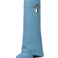 Fold Over Boots for Women Pointy Pull-on Wedge Heel Knee Shark Boot With Side Zipper Padlock Design