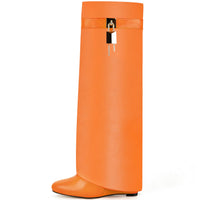 Fold Over Boots for Women Pointy Pull-on Wedge Heel Knee Shark Boot With Side Zipper Padlock Design