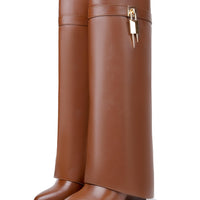 Fold Over Boots for Women Pointy Pull-on Wedge Heel Knee Shark Boot With Side Zipper Padlock Design