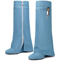 Fold Over Boots for Women Pointy Pull-on Wedge Heel Knee Shark Boot With Side Zipper Padlock Design