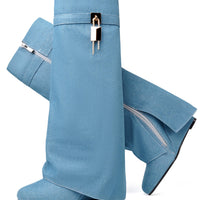 Fold Over Boots for Women Pointy Pull-on Wedge Heel Knee Shark Boot With Side Zipper Padlock Design