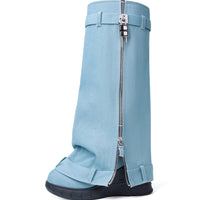 Fold Over Boots for Women Pointy Pull-on Wedge Heel Knee Shark Boot With Side Zipper Padlock Design