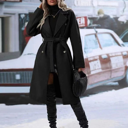 Cookies Trench Coat With Belt Winter Fashion Solid Color Long Jacket Outwear Women Clothing