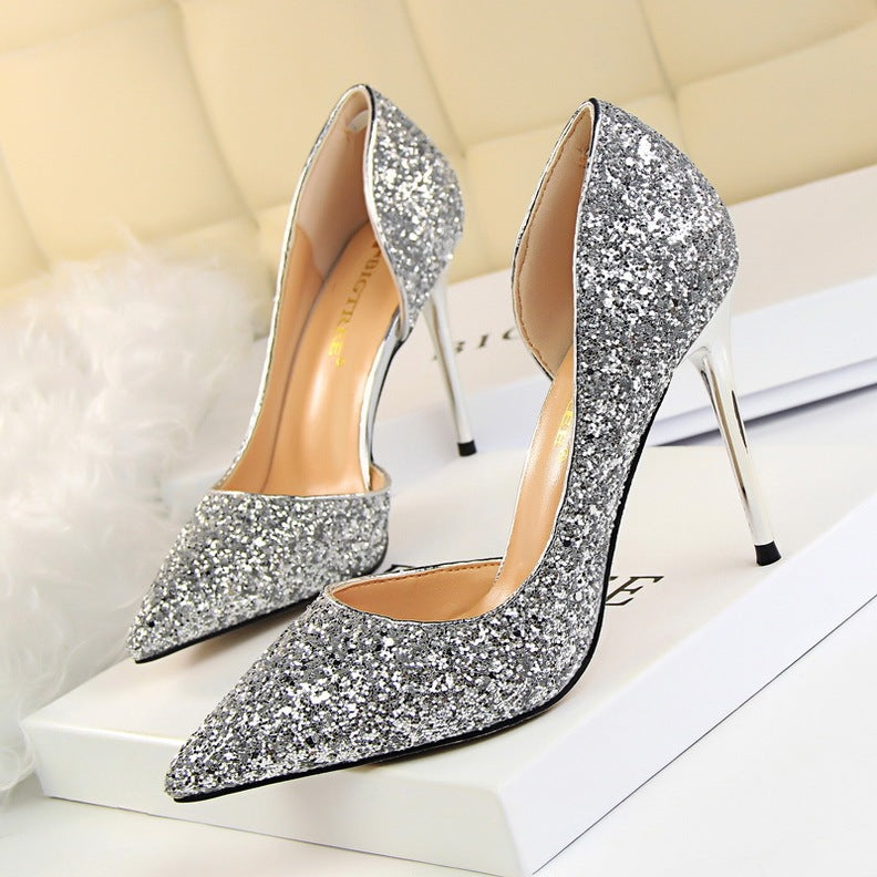 Cookies Stiletto Heel Shallow Mouth Pointed Side Hollow-out Sequin