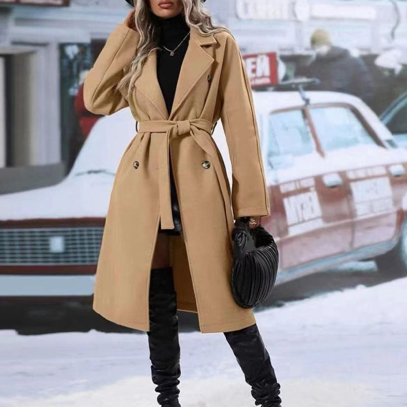 Cookies Trench Coat With Belt Winter Fashion Solid Color Long Jacket Outwear Women Clothing