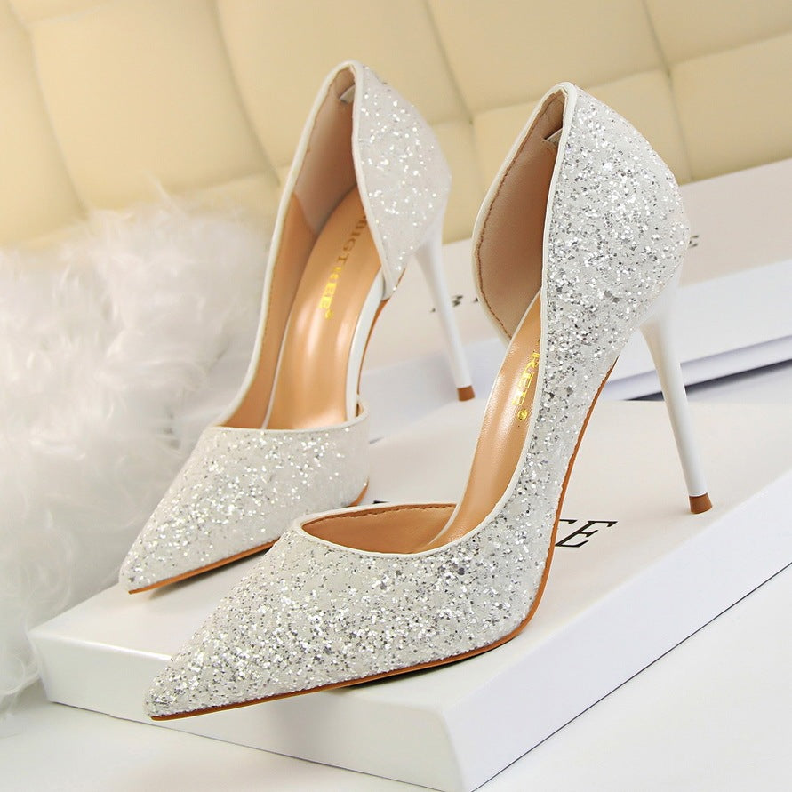 Cookies Stiletto Heel Shallow Mouth Pointed Side Hollow-out Sequin