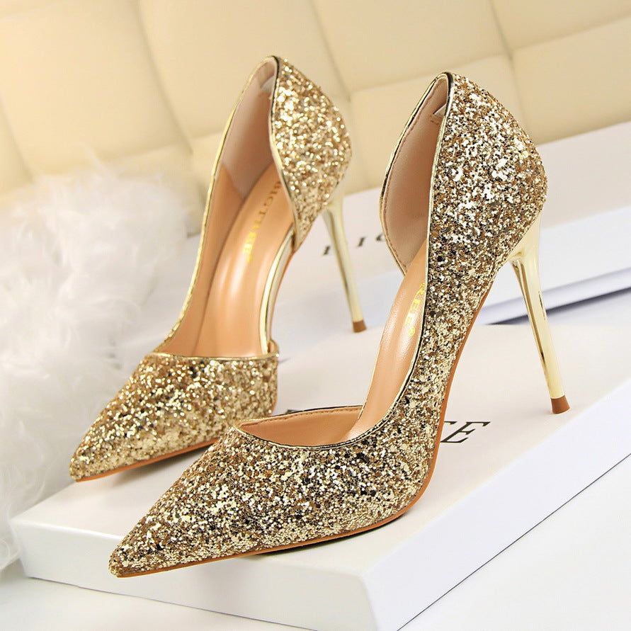 Cookies Stiletto Heel Shallow Mouth Pointed Side Hollow-out Sequin