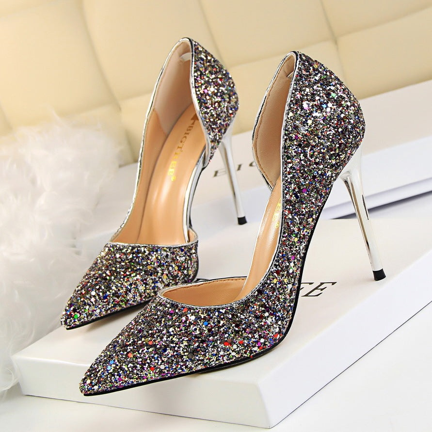 Cookies Stiletto Heel Shallow Mouth Pointed Side Hollow-out Sequin