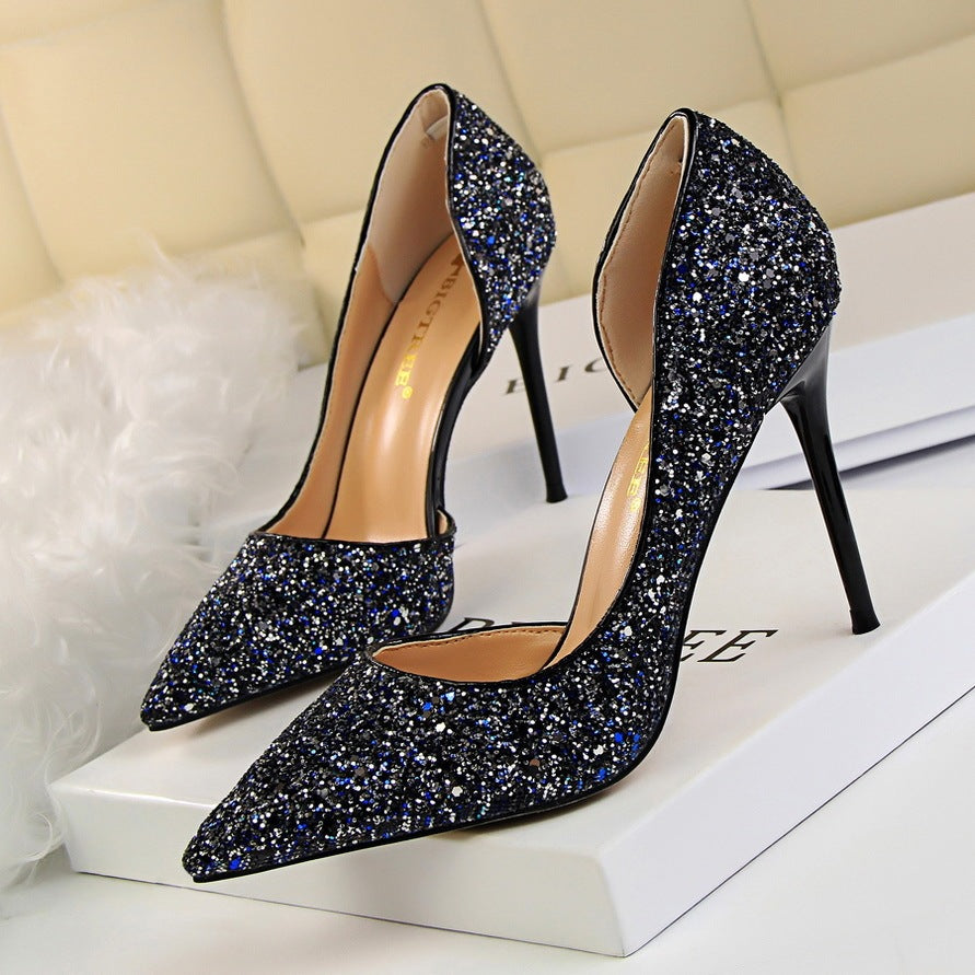 Cookies Stiletto Heel Shallow Mouth Pointed Side Hollow-out Sequin