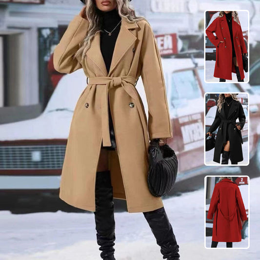 Cookies Trench Coat With Belt Winter Fashion Solid Color Long Jacket Outwear Women Clothing
