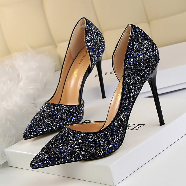 Cookies Stiletto Heel Shallow Mouth Pointed Side Hollow-out Sequin