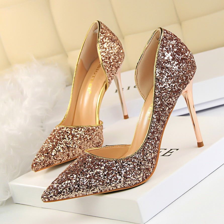 Cookies Stiletto Heel Shallow Mouth Pointed Side Hollow-out Sequin