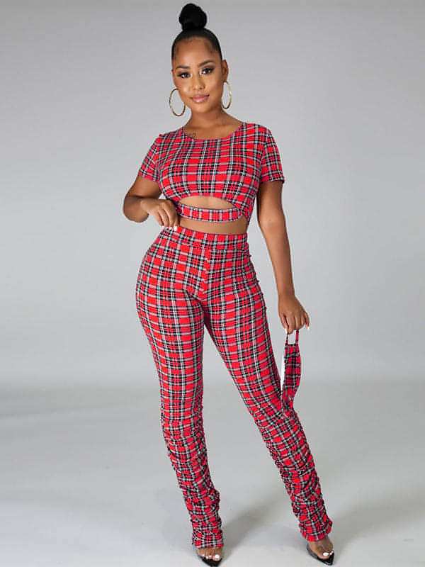 Stacked Pants Plaid Two Piece Set