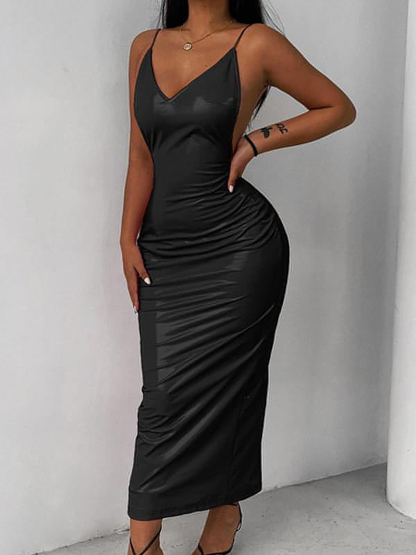 Faux Leather Backless Maxi Dress