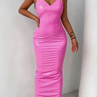 Faux Leather Backless Maxi Dress