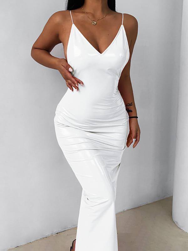 Faux Leather Backless Maxi Dress